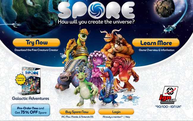 Spore video game website design example