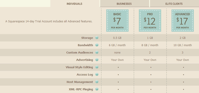 Squarespace Baby Websites pricing table design example