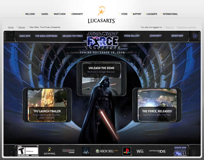 Star Wars: Force Unleashed video game website design example