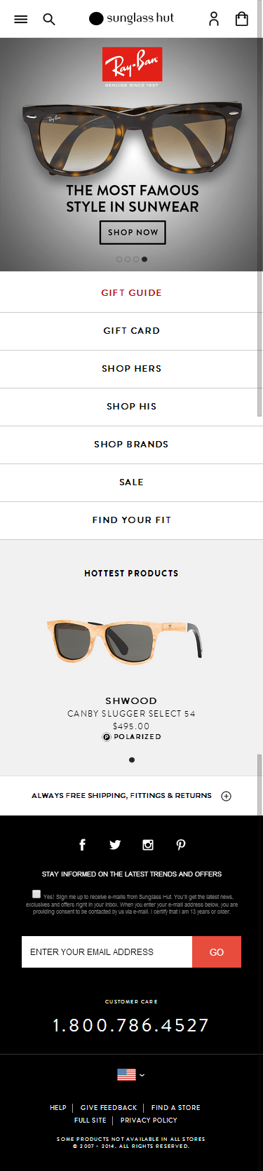 Sunglass Hut mobile ecommerce home page design example