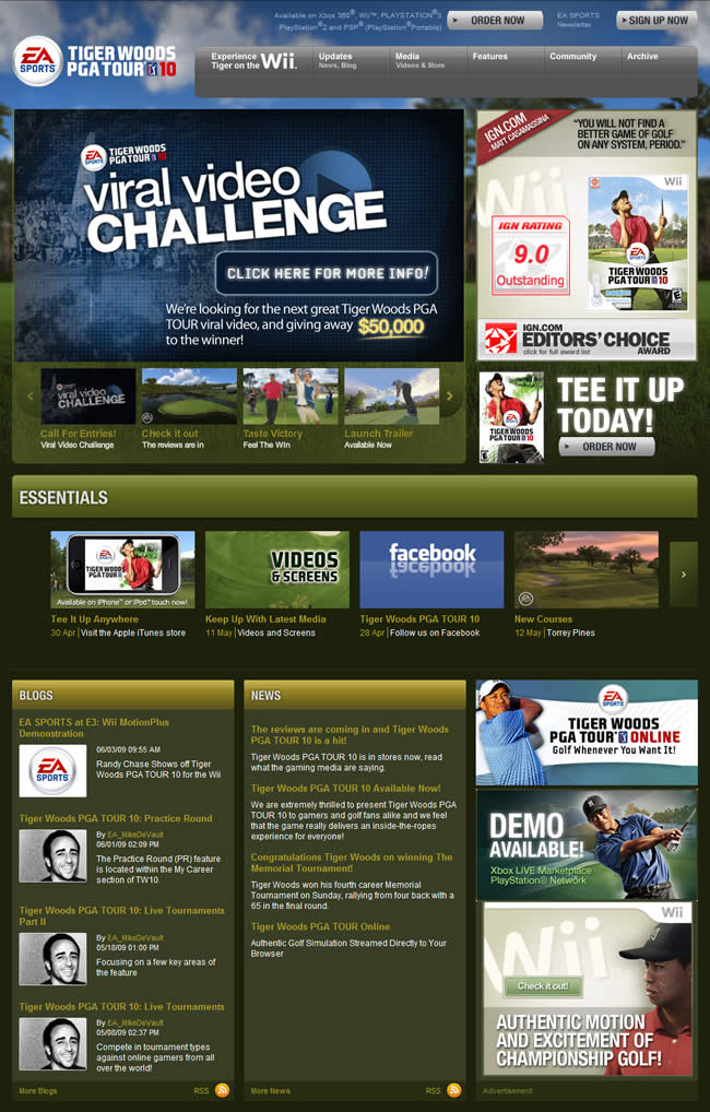 Tiger Woods PGA Tour video game website design example