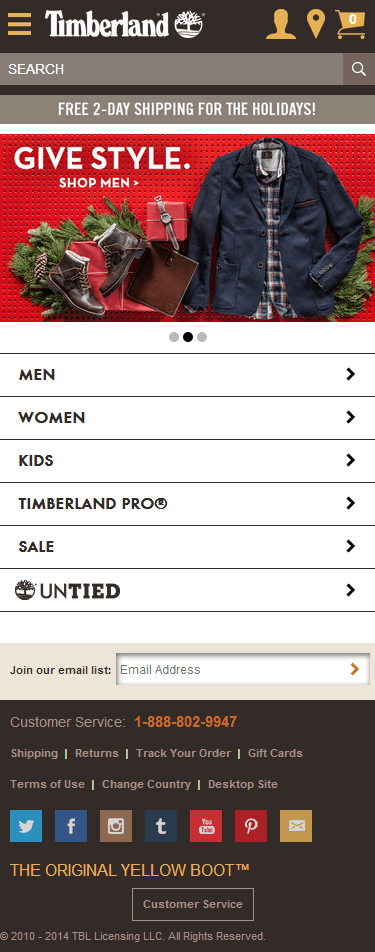 Timberland mobile ecommerce home page design example