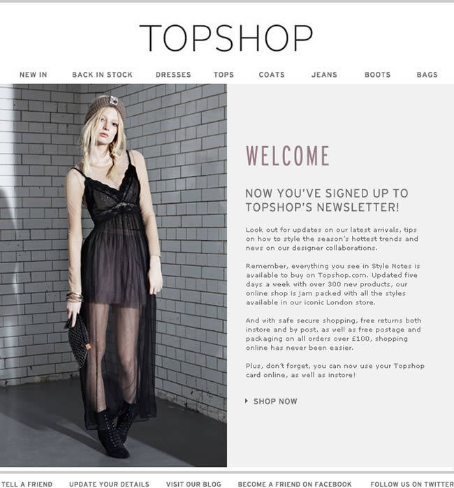 Top Shop welcome email design example