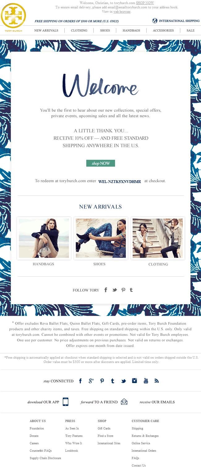 Tory Burch welcome email design example