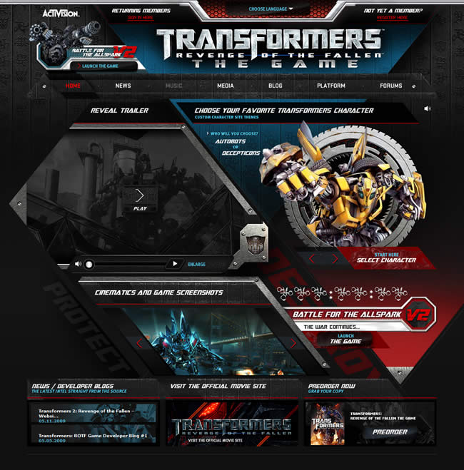 Transformers: Revenge of the Fallen video game website design example