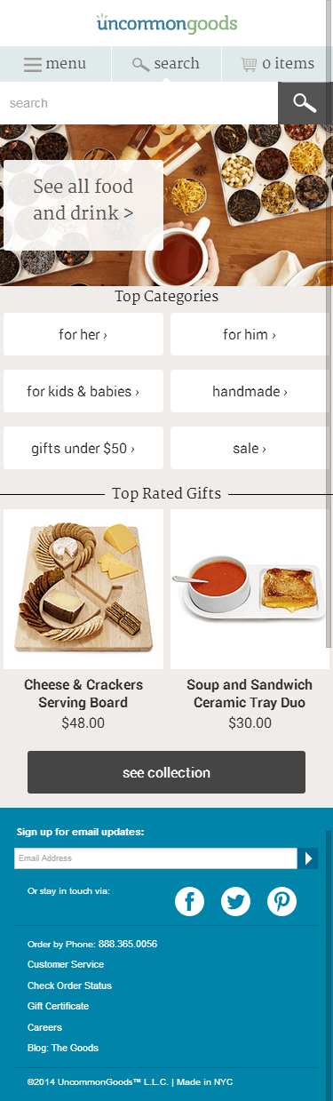 Uncommon Goods mobile ecommerce home page design example