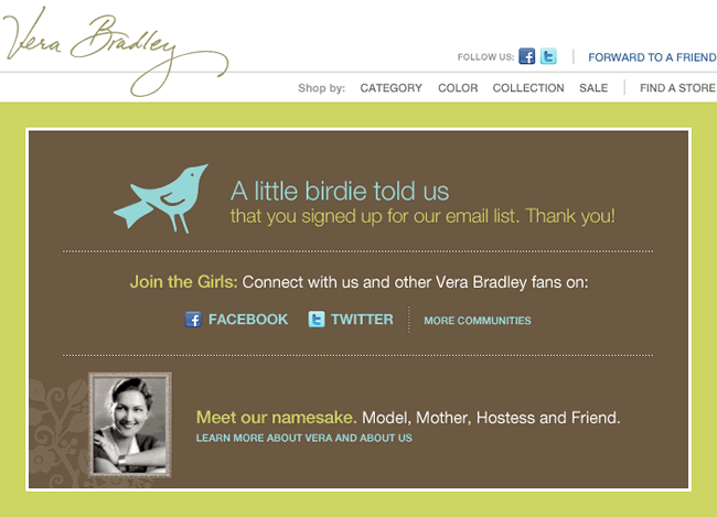 Vera Bradley welcome email design example