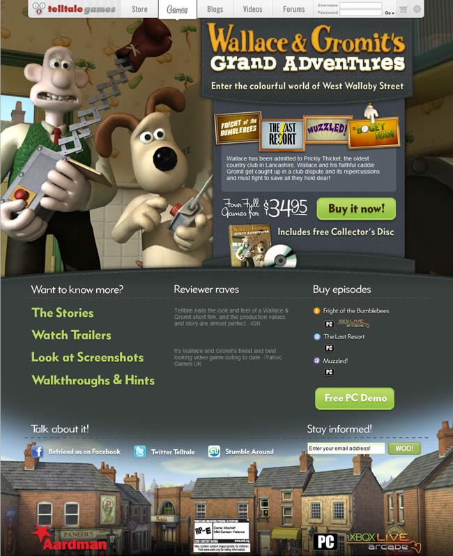 Wallace and Gromit's Grand Adventures video game website design example