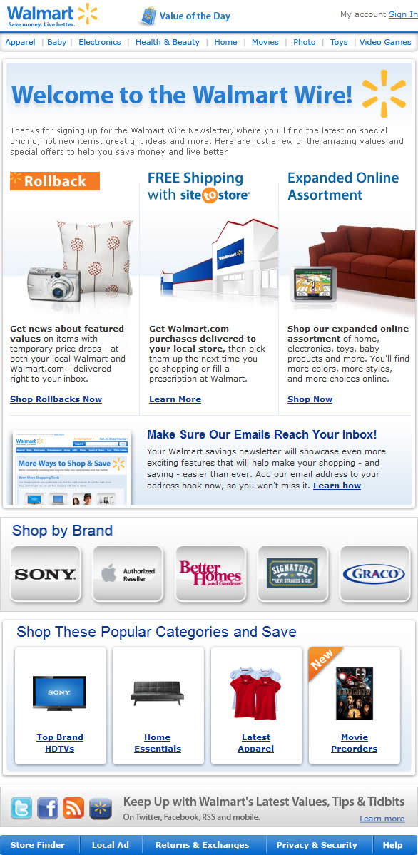 Walmart welcome email design example