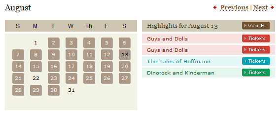 Wolf Trap Foundation for the Performing Arts calendar and date picker design example