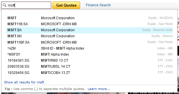 Yahoo! Finance search auto-complete design example