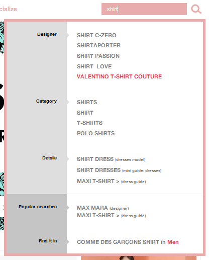 YOOX search auto-complete design example