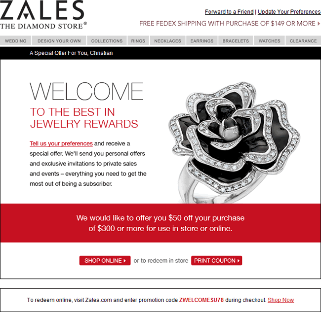 Zales welcome email design example