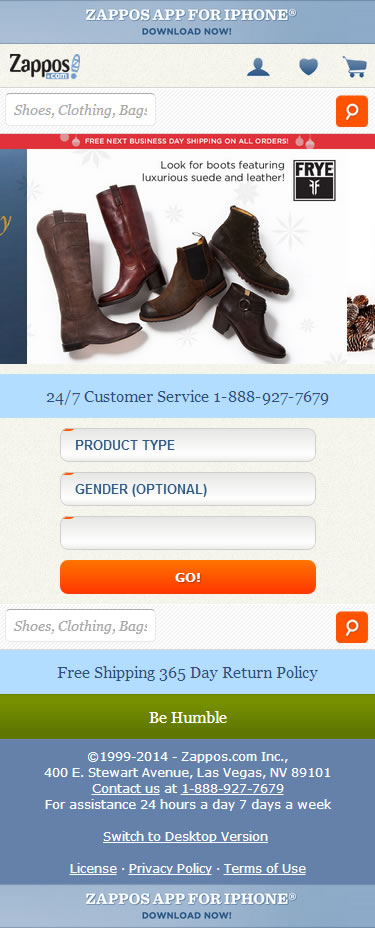 Zappos mobile ecommerce home page design example