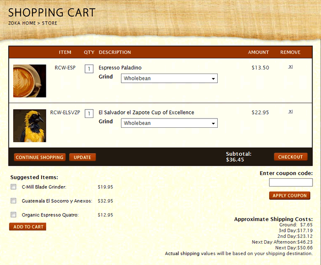 Zoka Coffee Roaster & Tea Company ecommerce shopping cart design example