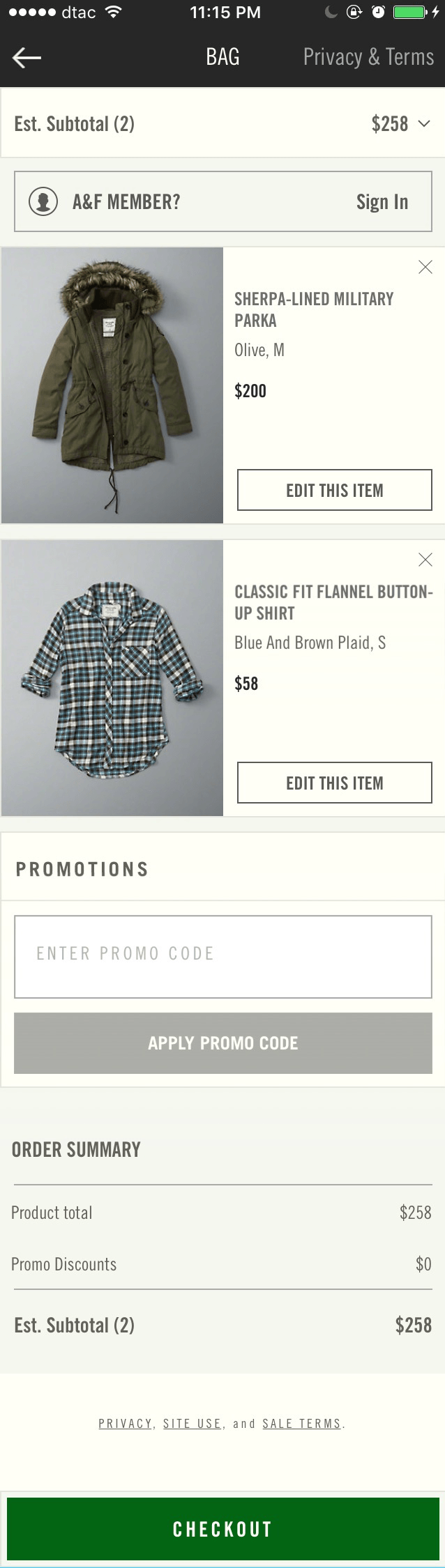 Abercrombie & Fitch mobile shopping cart design