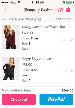 Free People mobile shopping cart design