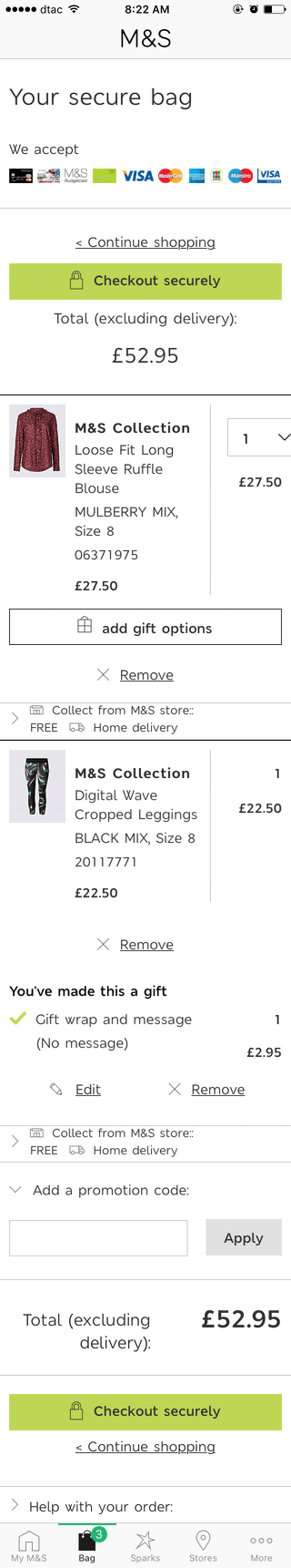 Marks and Spencer mobile shopping cart (iPhone app)