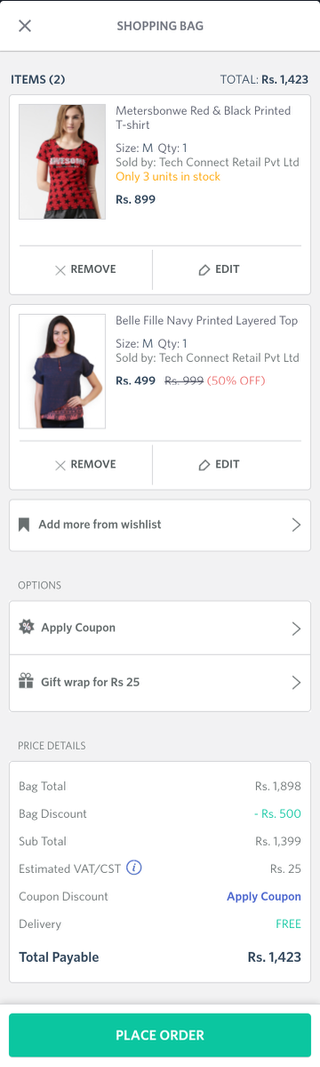 Myntra mobile shopping cart (Android app)