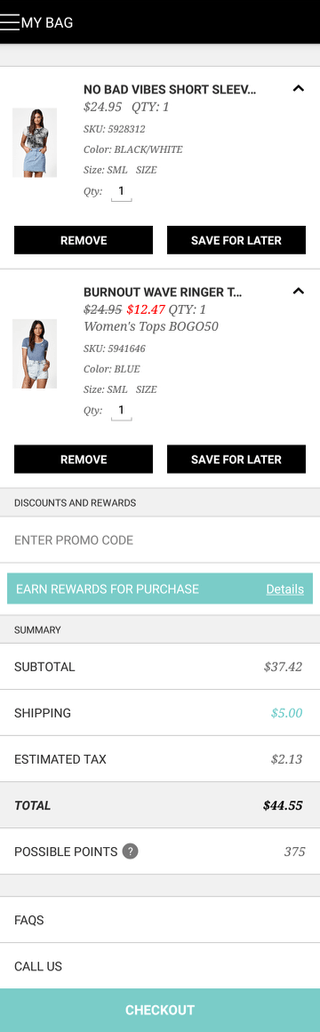 PacSun mobile shopping cart (iPhone app)