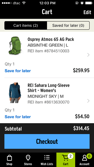 REI mobile shopping cart (iPhone app)