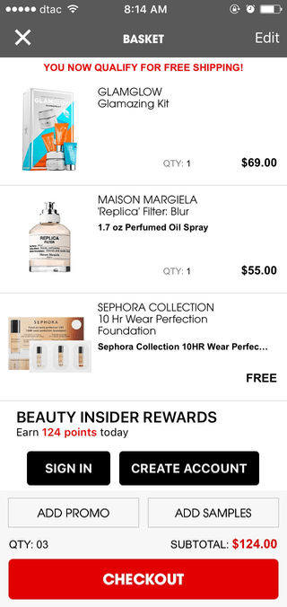 Sephora mobile shopping cart (iPhone app)