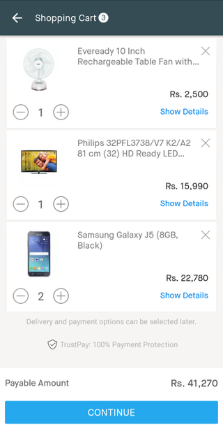 Snapdeal mobile shopping cart (Android app)