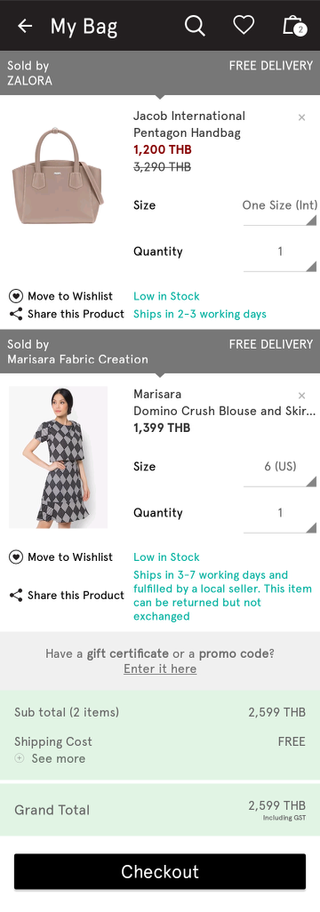 Zalora mobile shopping cart (Android app)
