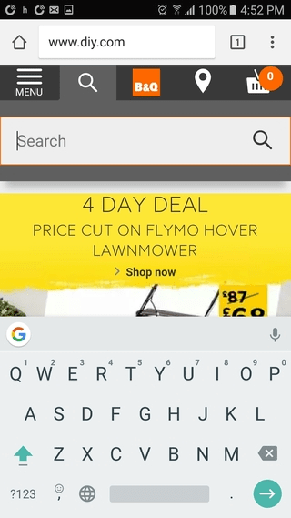 B&Q mobile search with cursor active