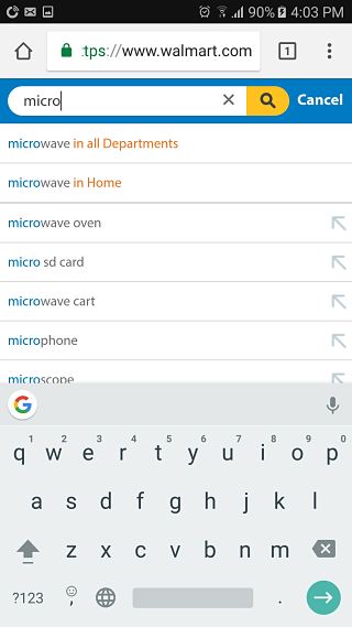 Walmart mobile site search suggestions