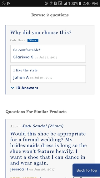 Cole Haan Q&A on mobile website PDP