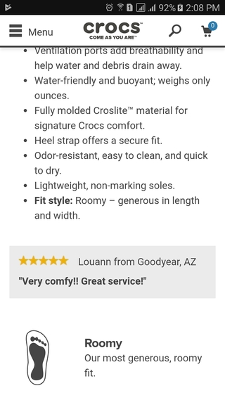 Crocs featured customer review on mobile PDP