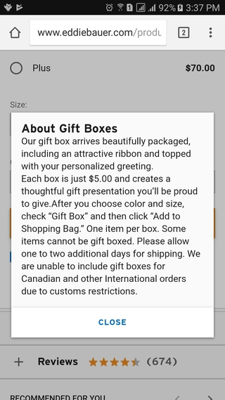 Eddie Bauer gift box info mobile website popup