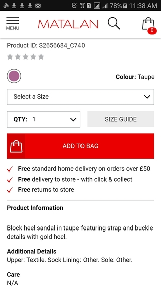 Matalan mobile website product detail page