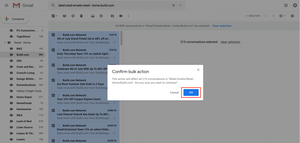 Gmail confirm delete emails
