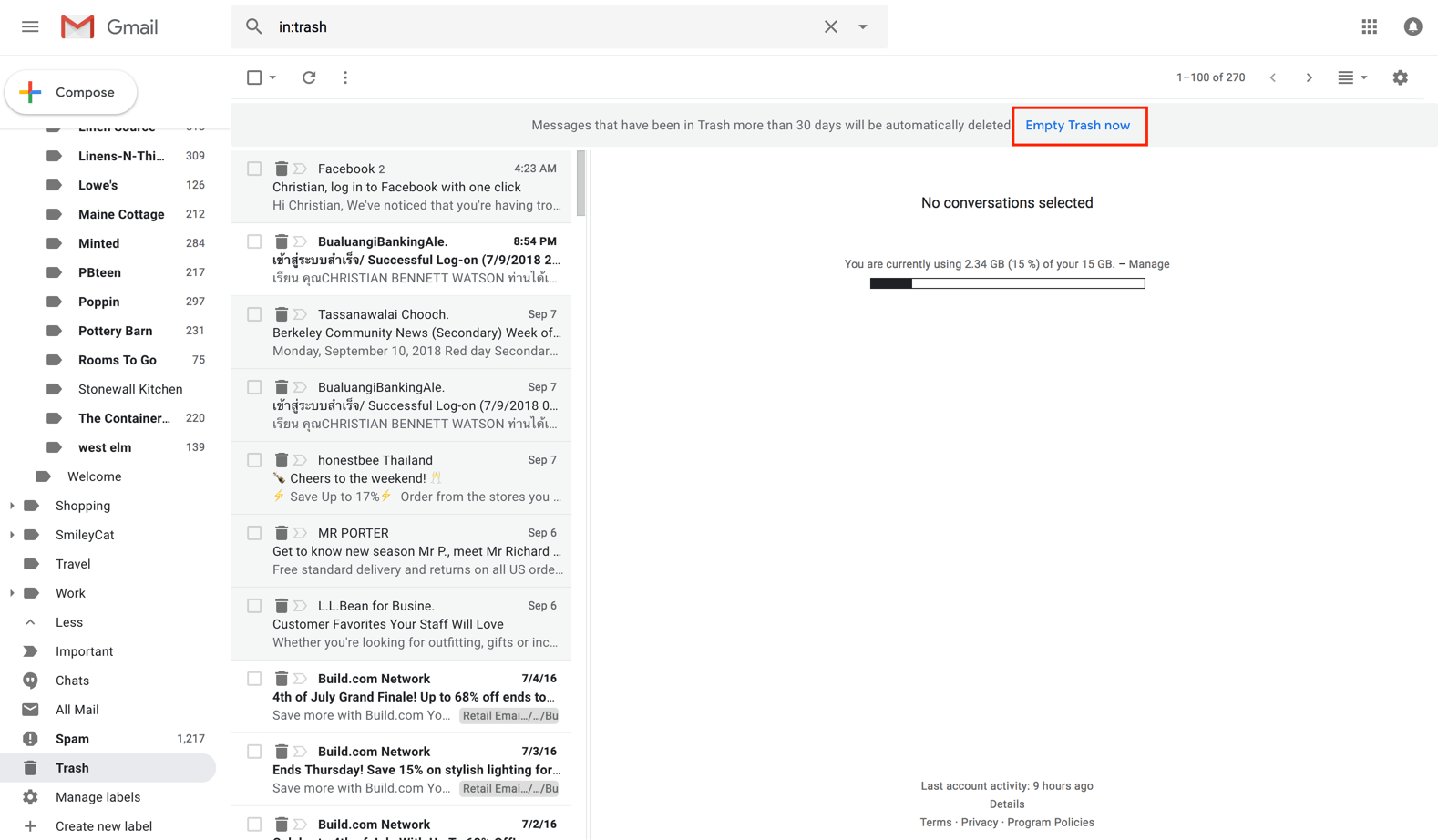 Gmail empty trash now