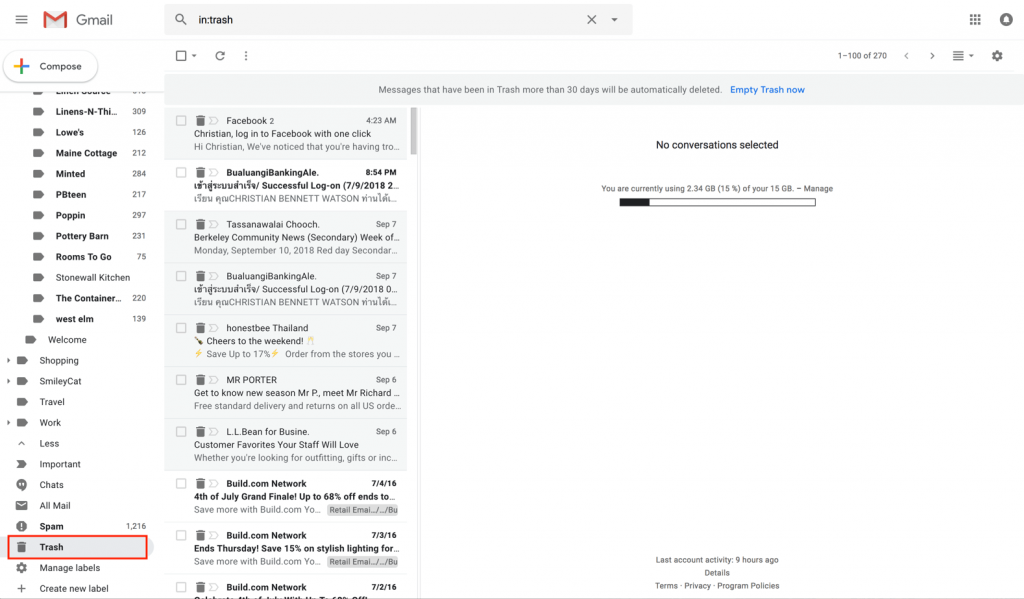 Open Trash folder in Gmail