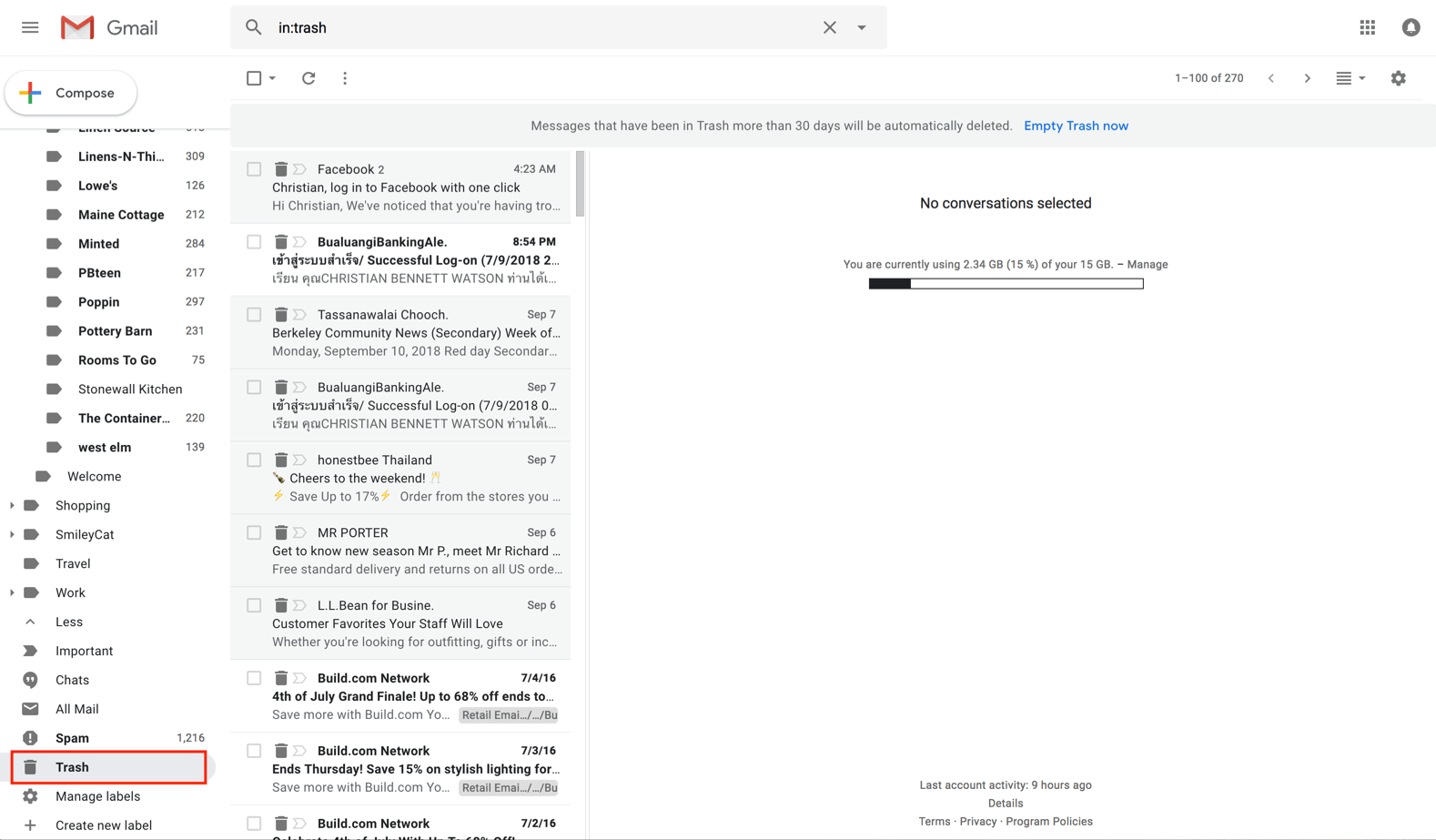 Open Trash folder in Gmail