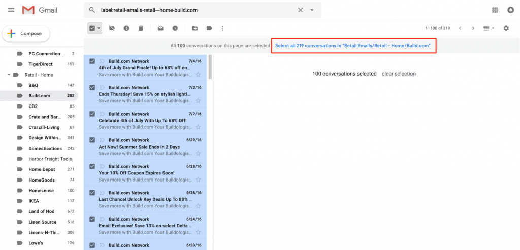 Select all the emails in a folder in Gmail