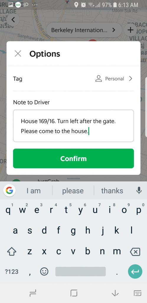 Grab Options screen with note to driver