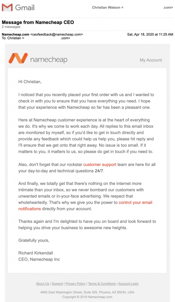 Welcome email from Namecheap CEO